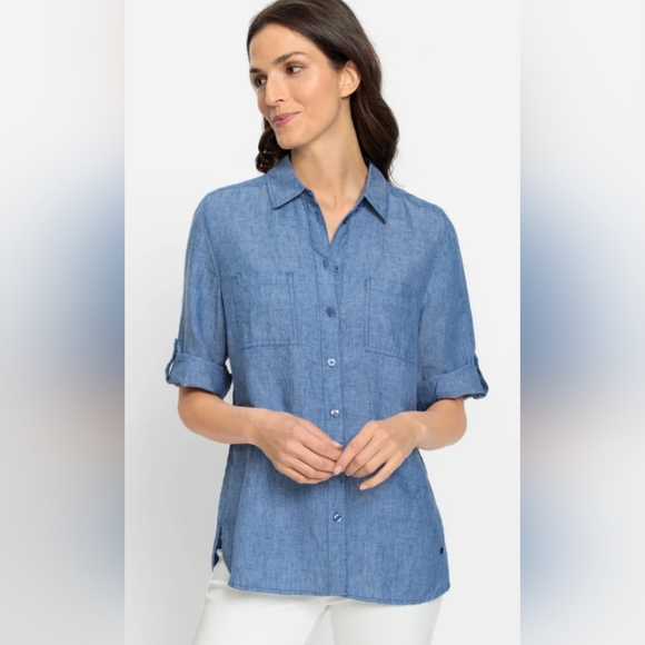 Sigrid Olsen Tops - OLSEN 100% Linen Shirt with Rolled Sleeve Tab Details. Women's Size M/10. 💙